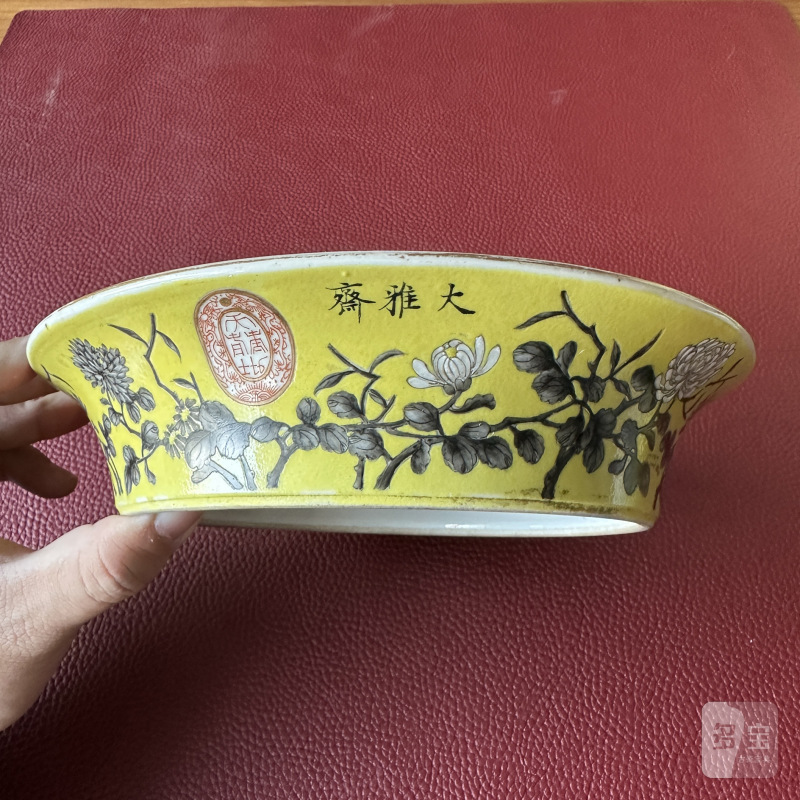 清晚期 黄地墨彩菊花纹花盆及盆奁一对 - 图21